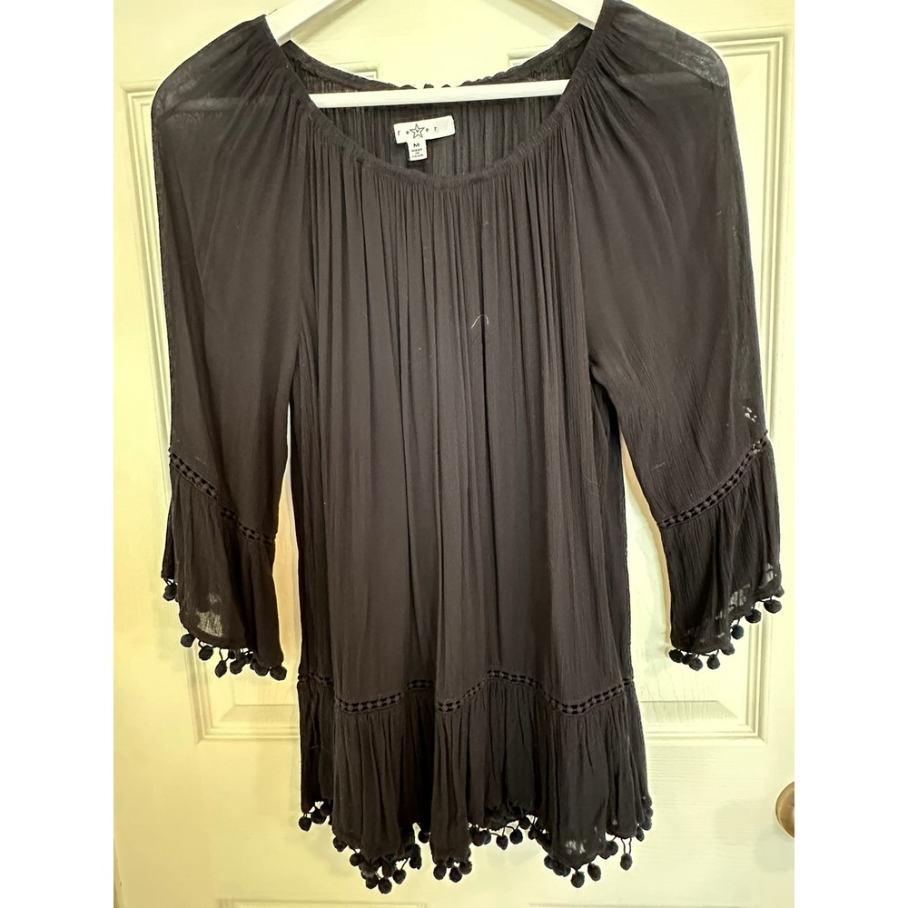Fever‎ - Medium- Black Pom Pom Trim Boho Peasant Top